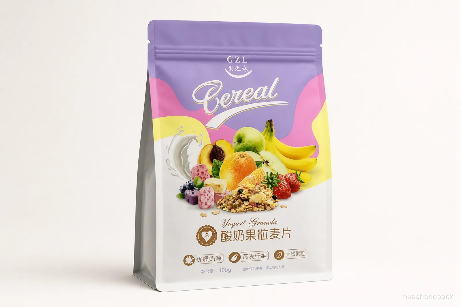 Purple printed cereal flat-bottom pouch derived from Huasheng Packaging real sample photographs