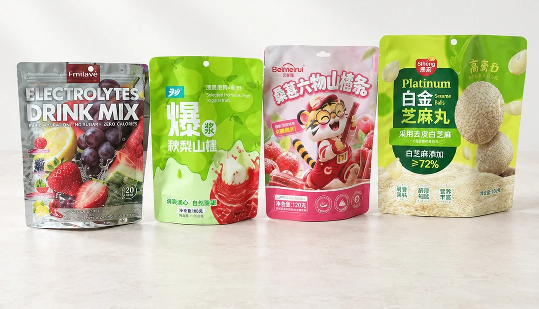 Owner-approved presentation of four complete printed food pouch examples; not Philippines customer projects