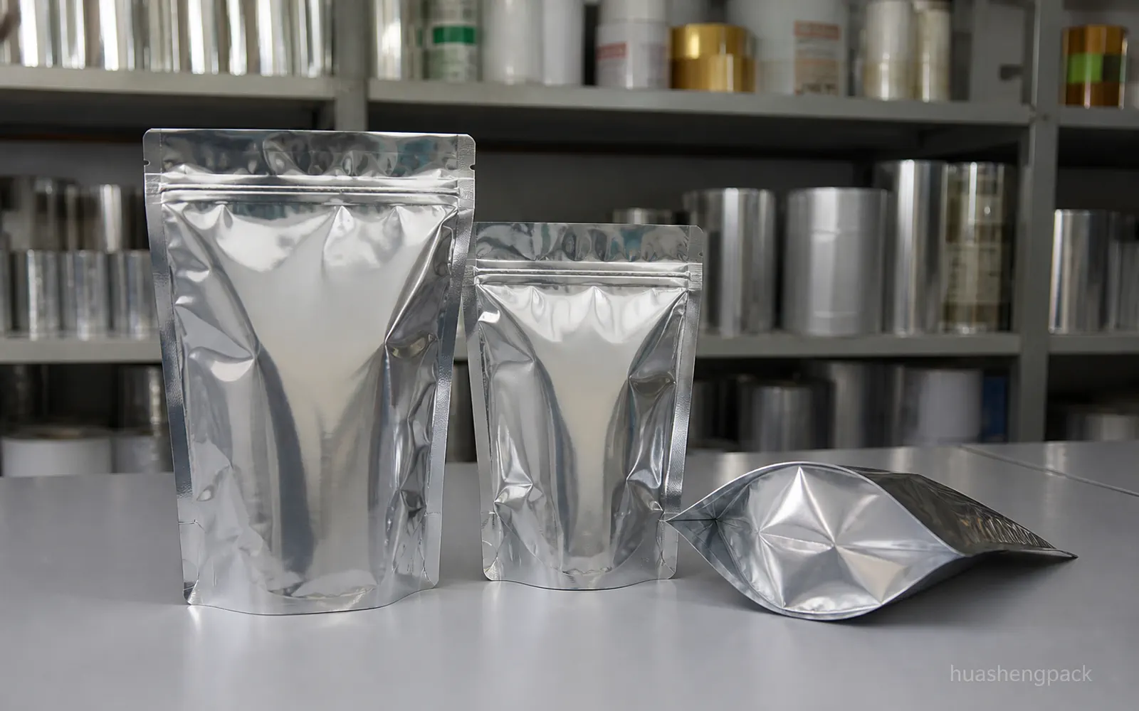 Aluminum foil laminate rolls with coffee powder and retort pouch samples