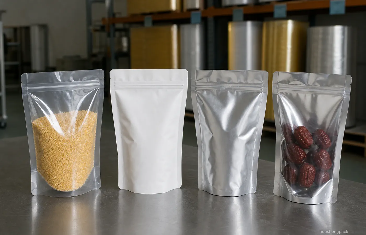 Aluminum foil laminate rolls with coffee powder and retort pouch samples material structure comparison