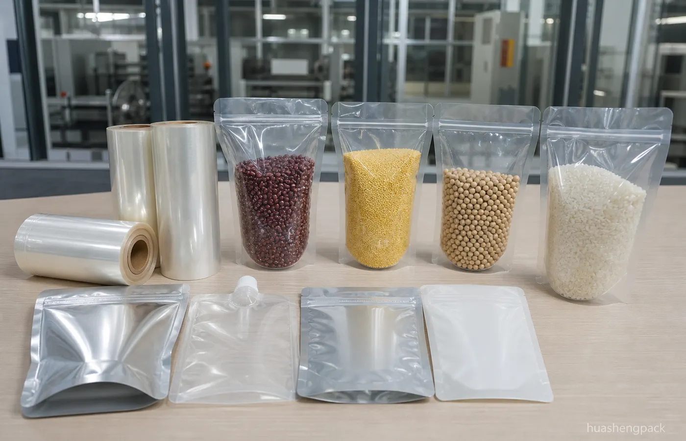 Clear and matte BOPP film rolls with snack packaging film samples material structure comparison