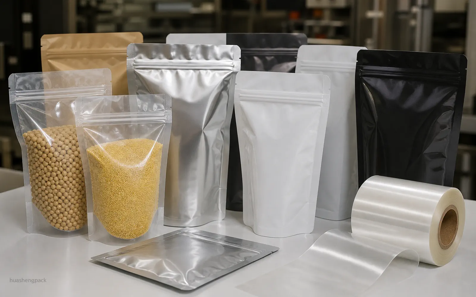 Transparent metallized and foil barrier films with food pouch samples
