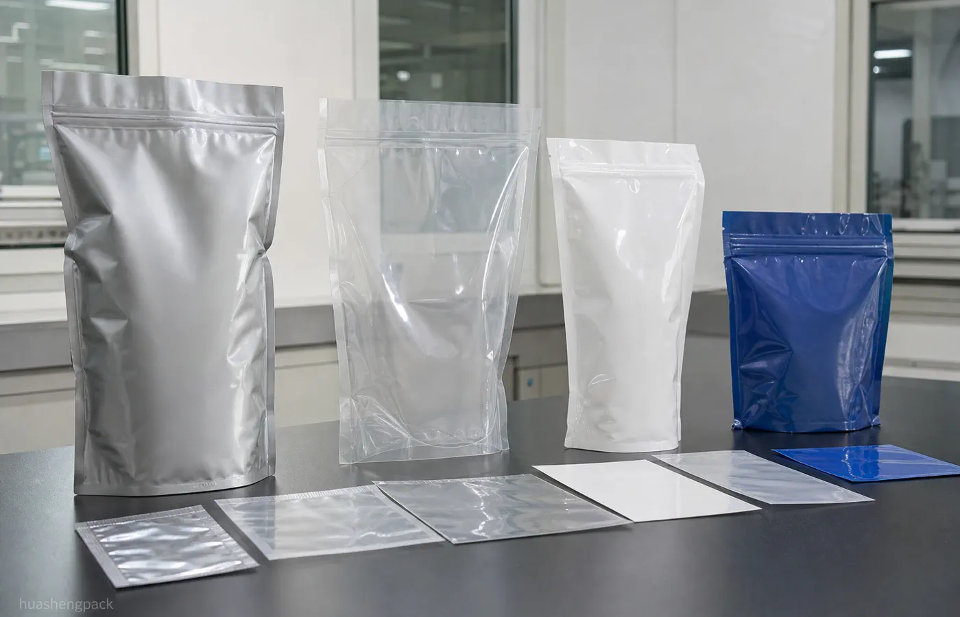 Transparent metallized and foil barrier films with food pouch samples material structure comparison