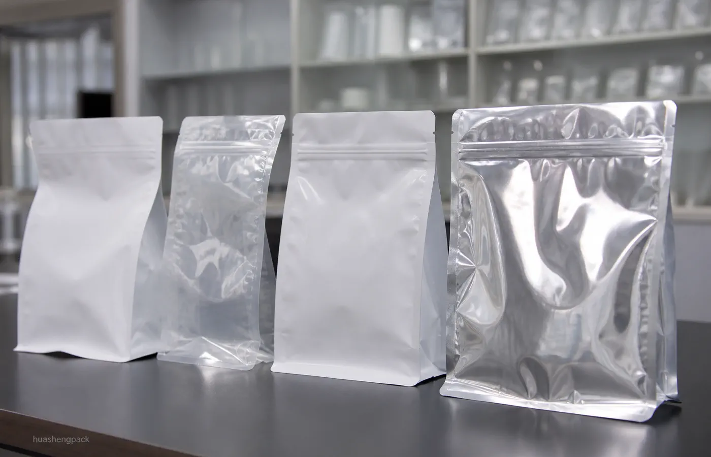 PE sealing film rolls with stand up and three side seal pouch samples material structure comparison
