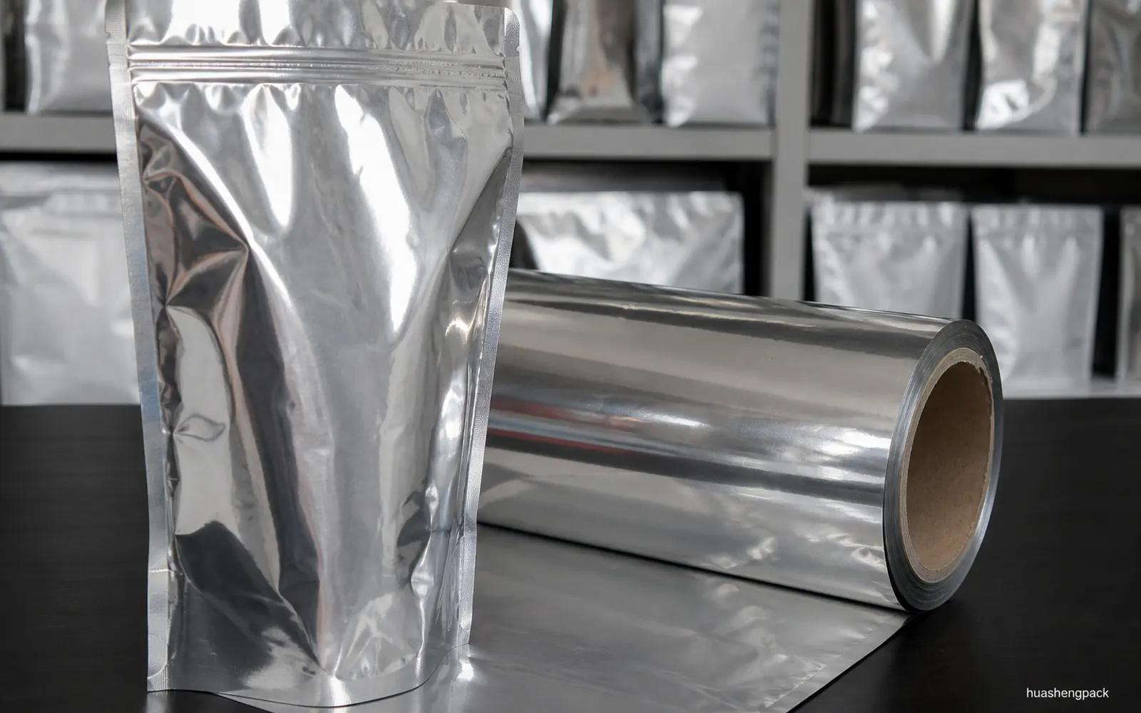 PET VMPET PE metallized film roll with coffee and snack pouches