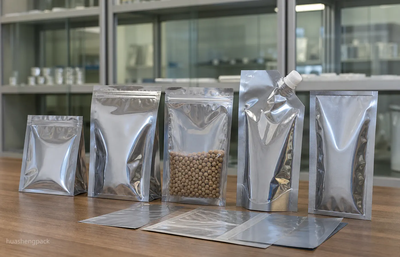 PET VMPET PE metallized film roll with coffee and snack pouches material structure comparison