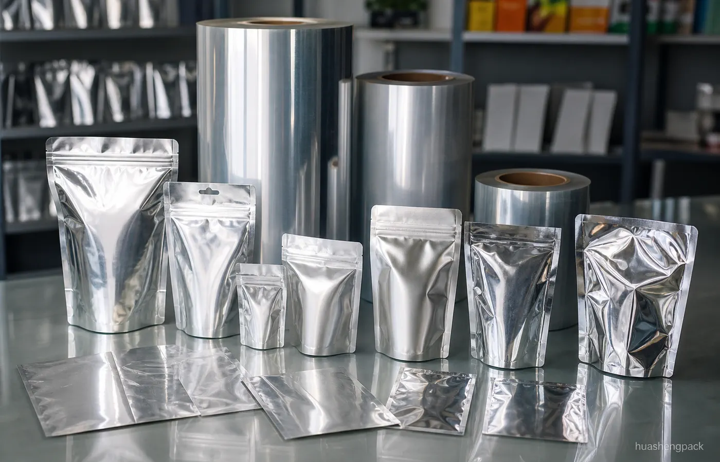 VMPET metallized film rolls with coffee snack and pet food pouches material structure comparison