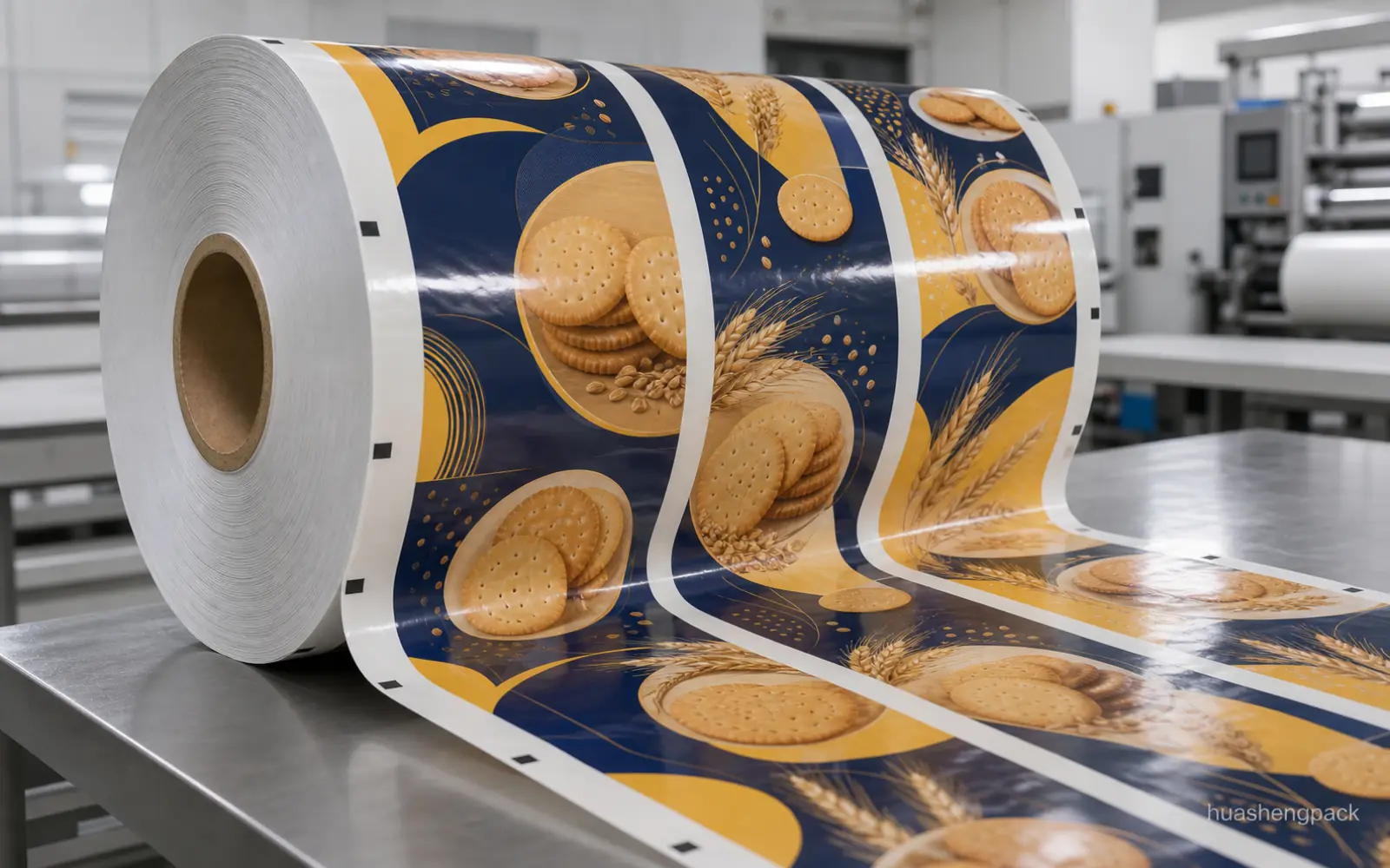 Custom biscuit packaging film for horizontal flow pack machines