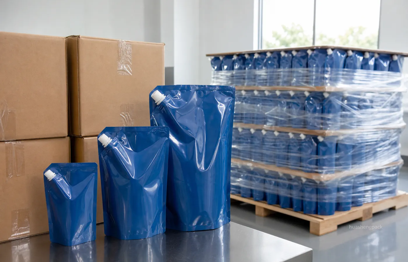 Spout Pouches - packing and pallet scene Spout Pouches - packing and pallet scene