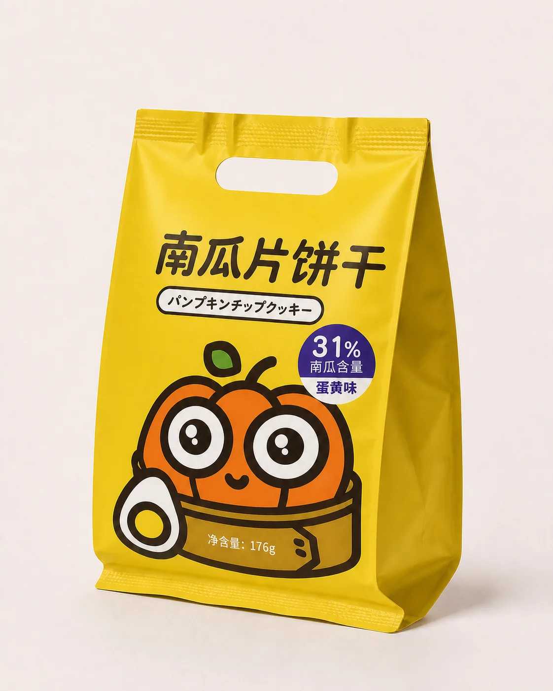 Printed kraft window quad seal pouch with visible front panel and reinforced side gussets
