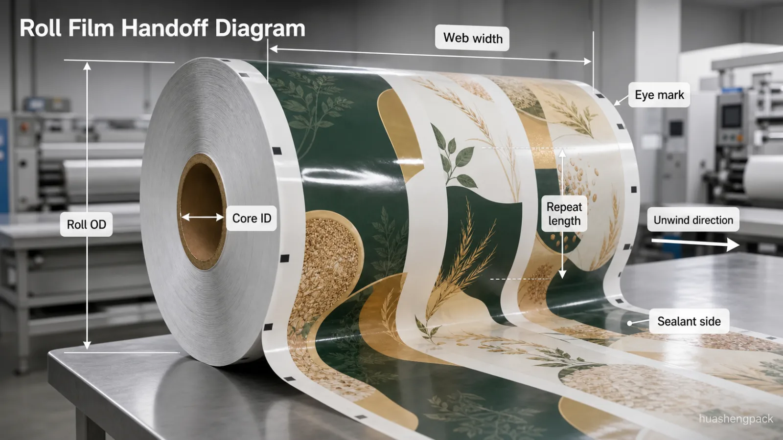 Roll Film Equipment Handoff Diagram Printed roll film handoff diagram showing web width repeat length eye mark unwind direction core ID and roll OD