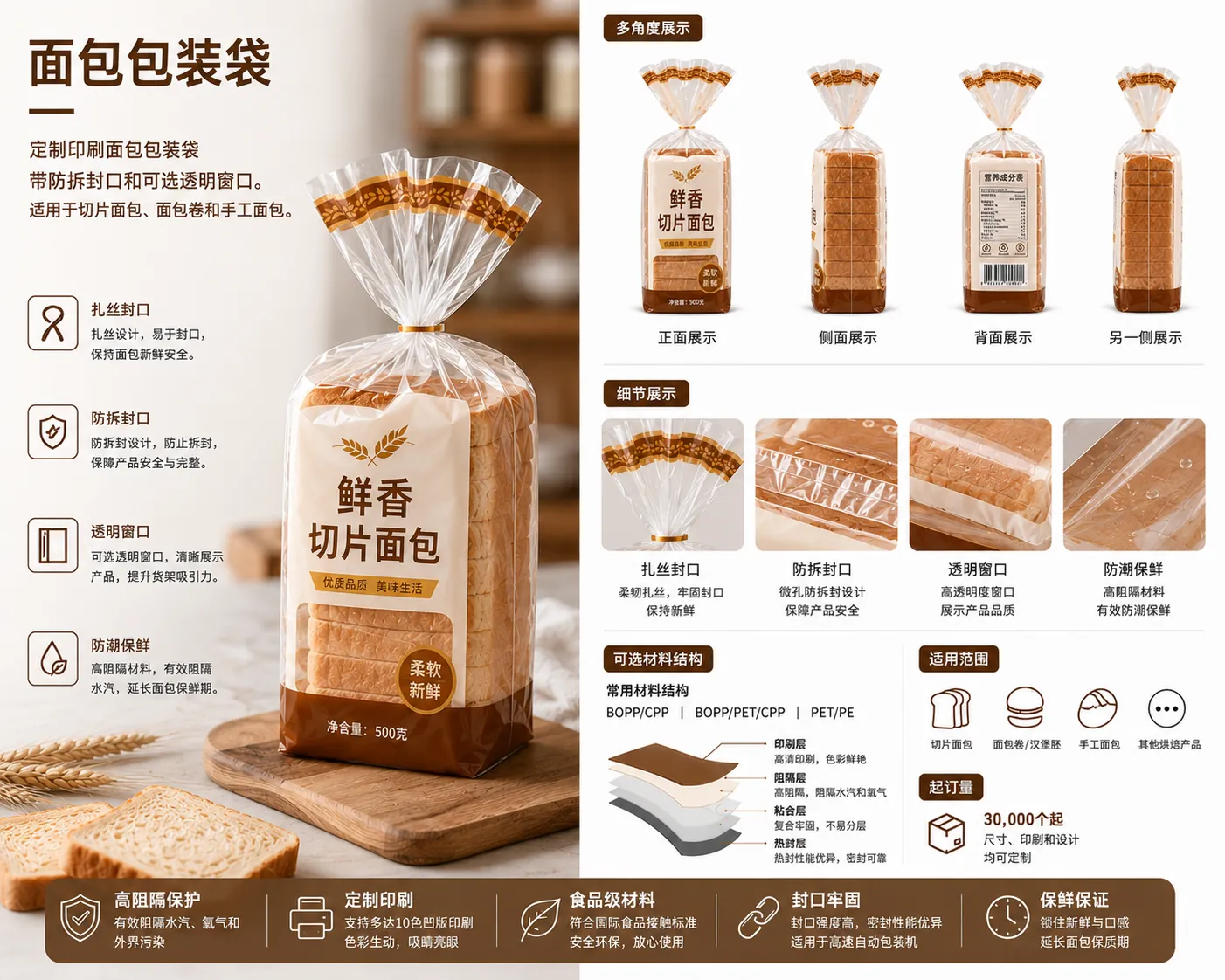 Custom printed bread packaging bag with window for bakery products