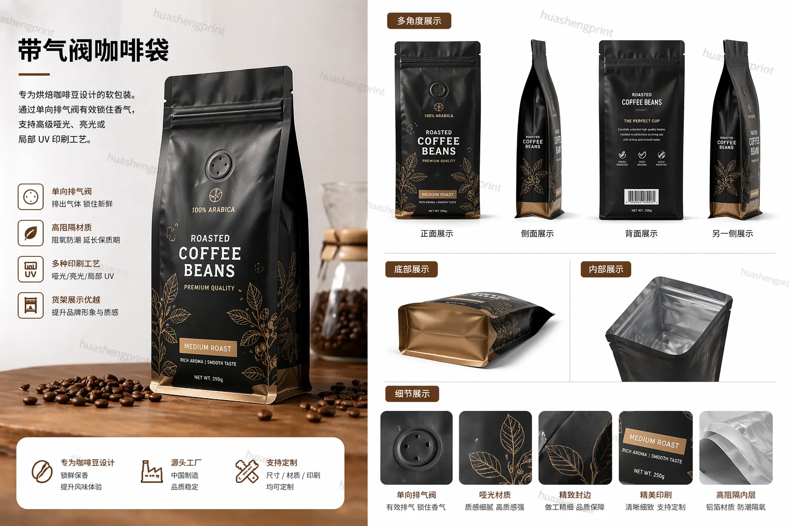 Coffee bag with one-way degassing valve and resealable zipper