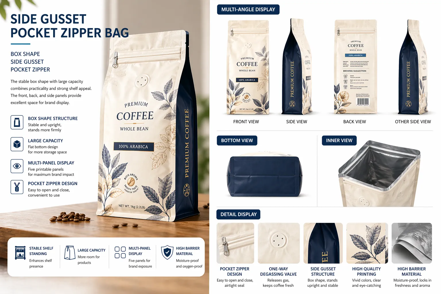 Custom printed flat bottom pouch for coffee, snacks and pet food packaging