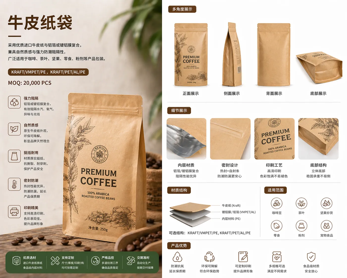 Kraft paper laminated food packaging bag with natural matte finish