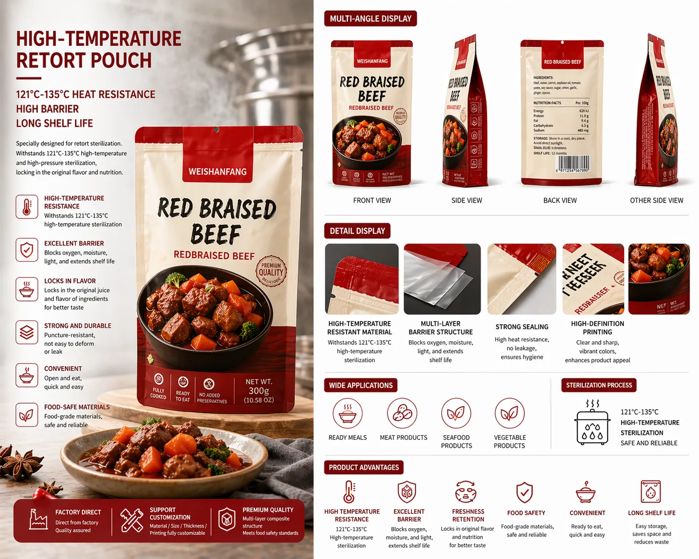 Custom retort pouch for ready meals and high-temperature sterilized food