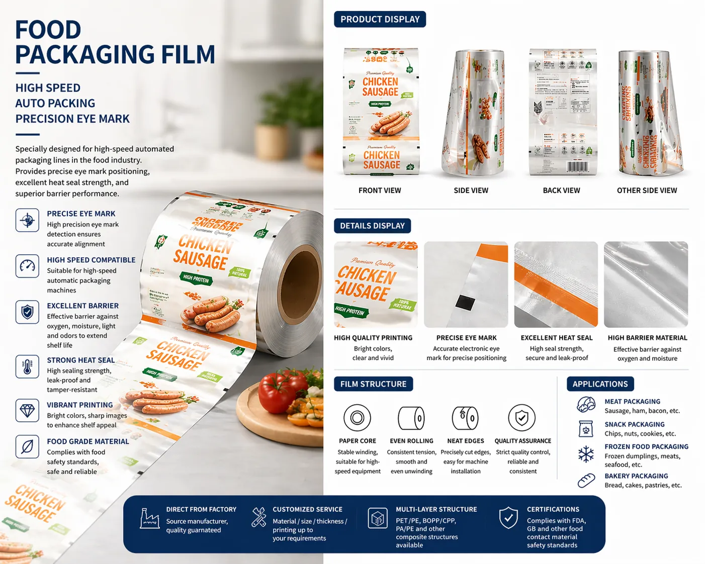 Custom printed food packaging roll film for automatic VFFS and HFFS packing machines
