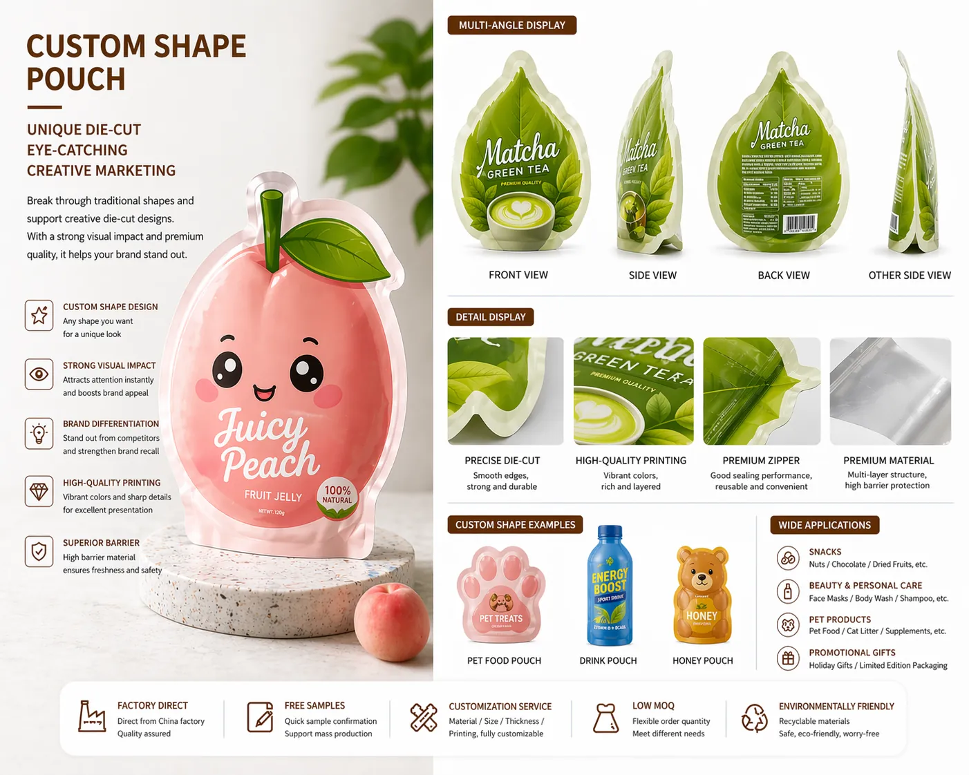Custom die-cut shaped pouch for brand differentiation and gift packaging