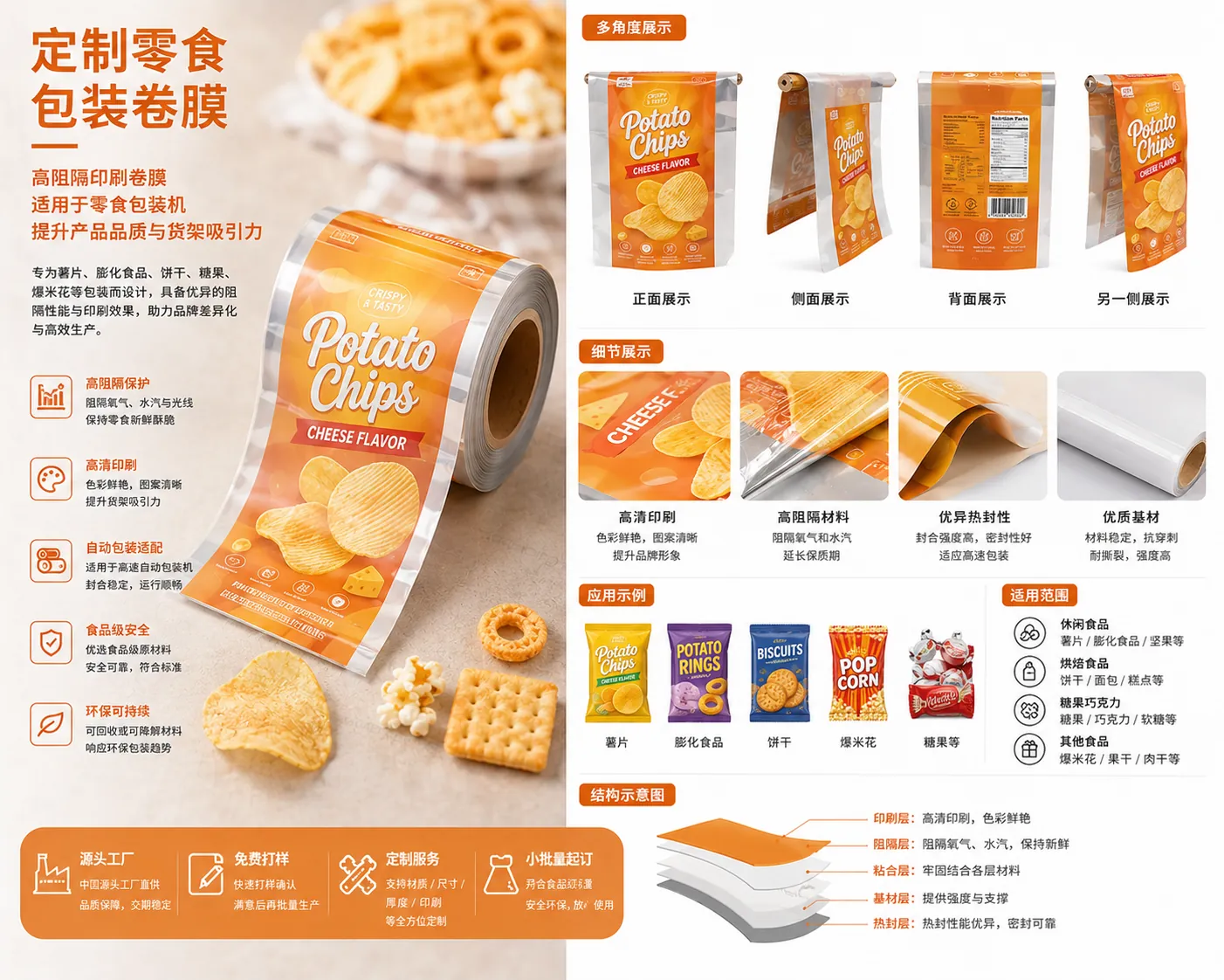 Custom snack packaging roll film for chips and crispy snack packing