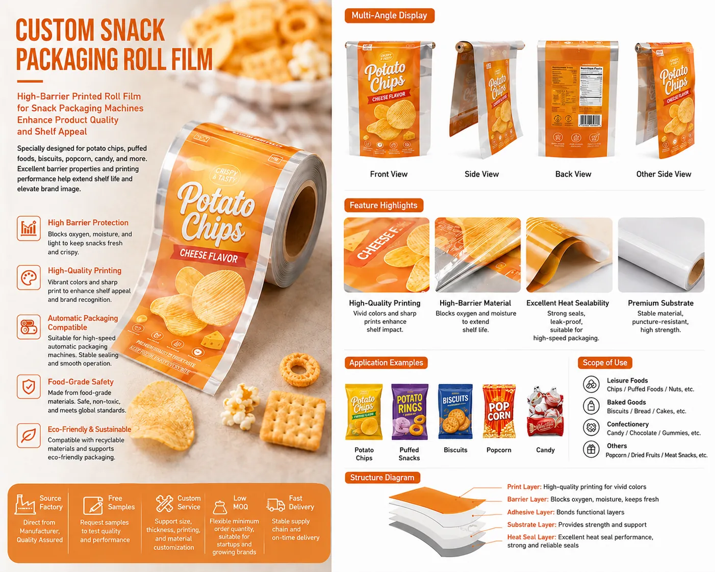 Custom snack packaging roll film for chips and crispy snack packing