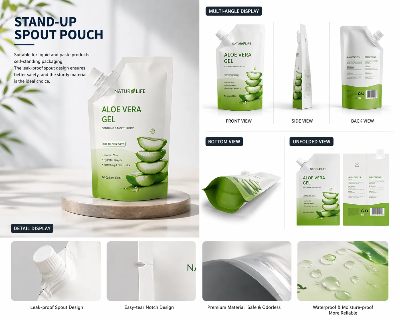 Custom spout pouch with cap for juice, sauce and liquid food packaging