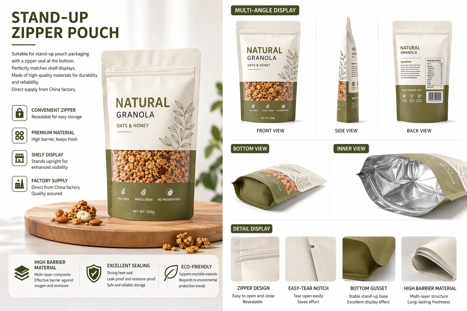 Custom printed stand up zipper pouch for snacks, nuts and retail food packaging